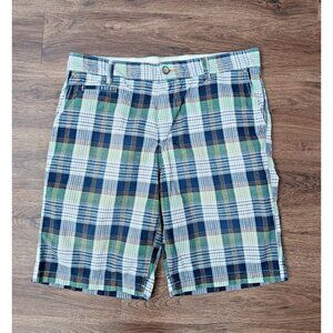 Tommy Bahama Shorts Mens 34 Blue Green Plaid Madras Flat Front Cotton Casual